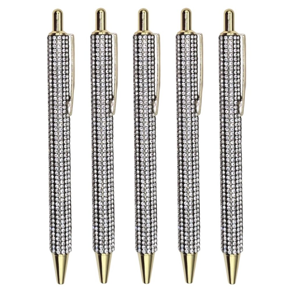 🟢 5️⃣ Pack Bling Rhinestone Silver Ballpoint Pens with Case